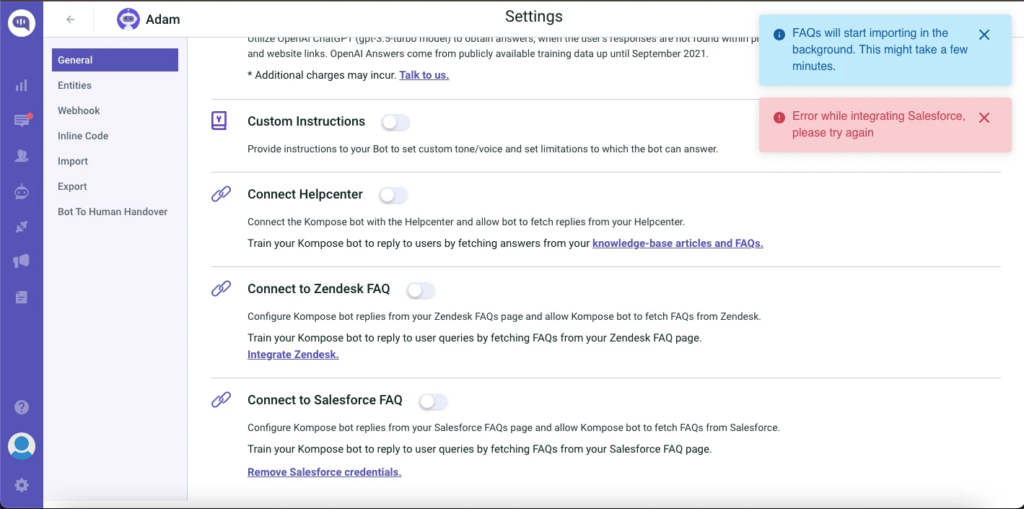 Screenshot of Kommunicate bot settings showing integration options for Helpcenter, Zendesk FAQ, and Salesforce FAQ