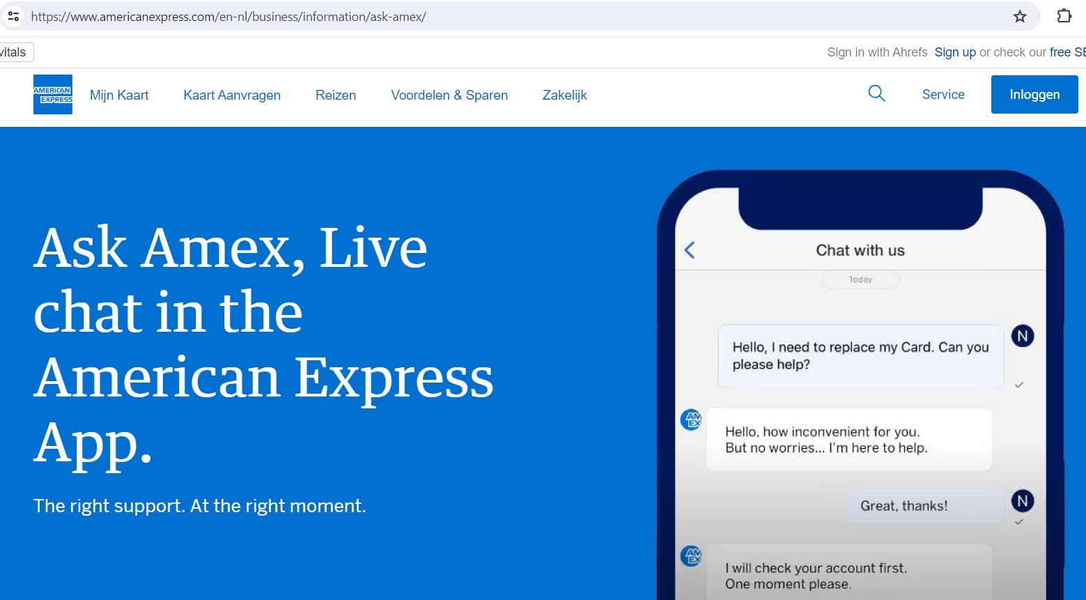 Ask Amex: Live Chat in the American Express App A screenshot of the American Express website homepage with a chatbot interface, promoting live chat support.