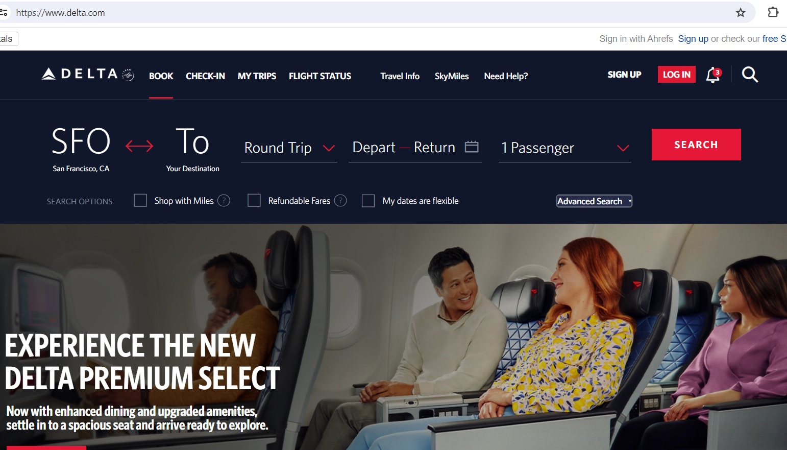 Delta Airlines Website Homepage A screenshot of the Delta Airlines website homepage, showing the search bar, flight status, and a promotion for Delta Premium Select.
