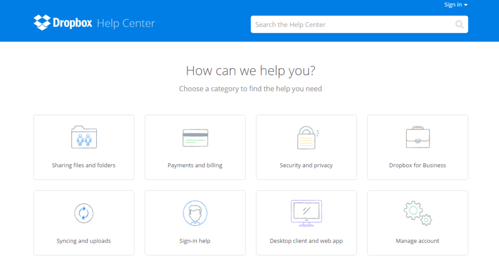 Dropbox Help Center homepage with categories for sharing files, payments, security, business, syncing, sign-in help, desktop app, and account management