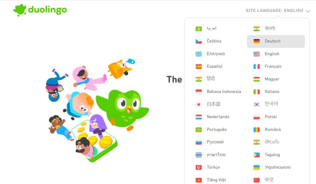 Duolingo's vibrant language selection screen featuring playful mascot characters and a variety of global language options