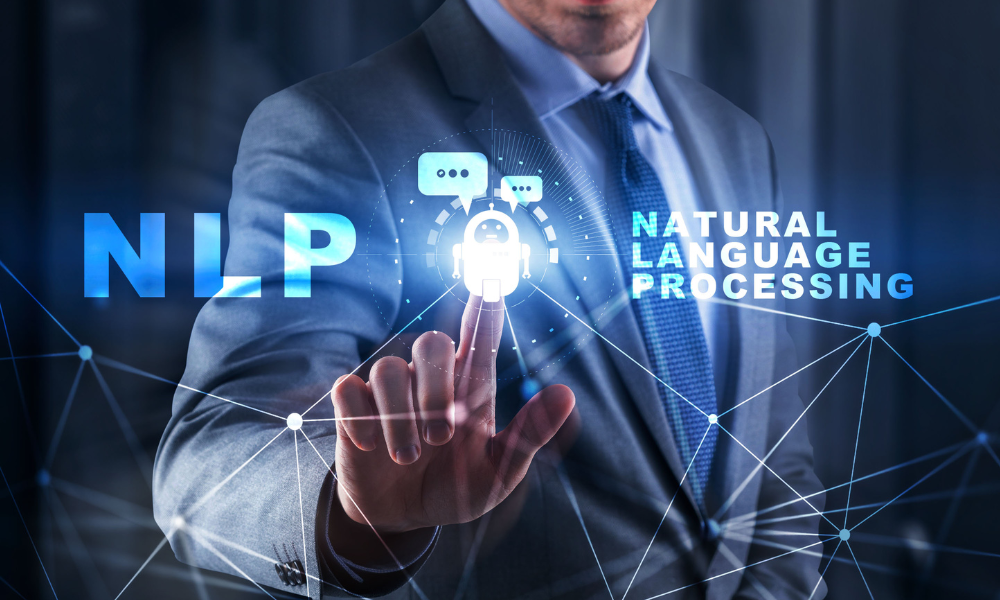 Image of a man touching a chatbot icon. The image has the text "Natural Language Processing on it.