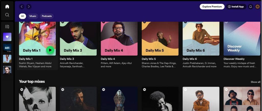 A page of music app "Spotify", with a personalized mix music options.