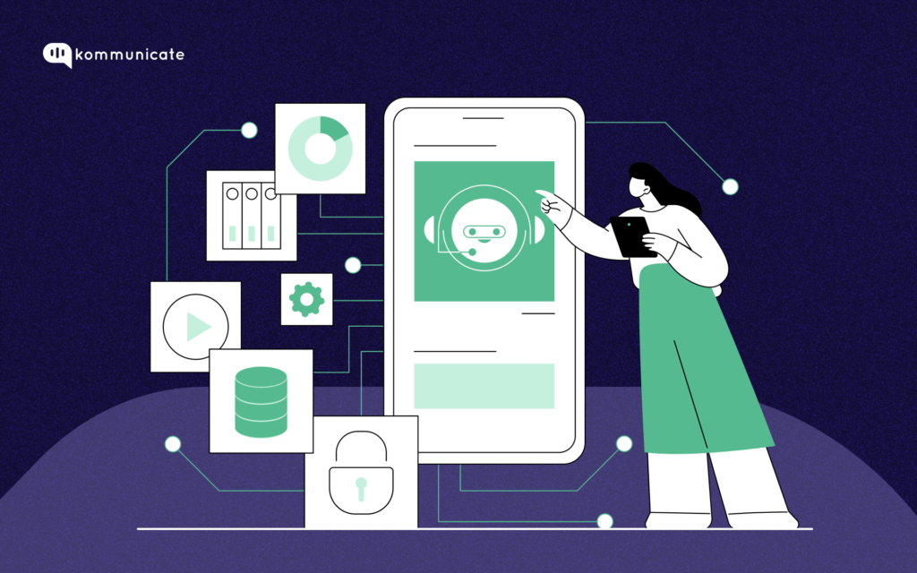 Illustration of a person interacting with in-app customer support tools on a mobile device, featuring chatbot icons, security, and analytics elements