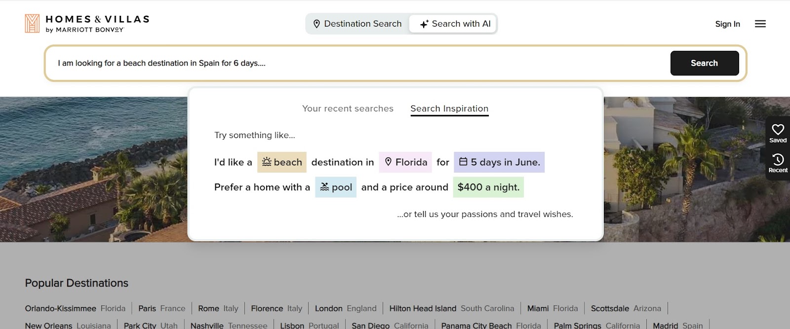 Dashboard of Marriott International, showing options of personalized response.