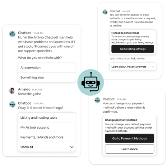 AI chatbot in mobile app assisting users with Airbnb reservations and account management