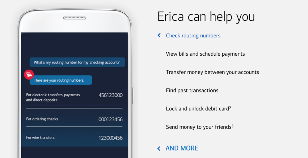 Bank of America's chatbot Erica helping users with routing numbers, bills, payments, transfers, past transactions, and more on a mobile device