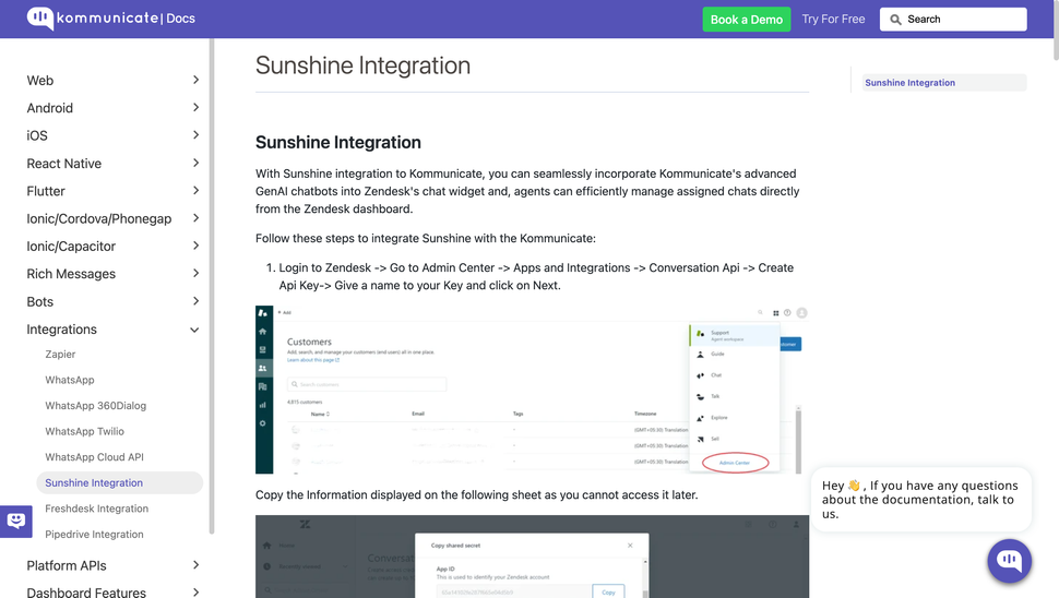 Screenshot of Kommunicate's documentation page explaining how to integrate with Sunshine Conversations.