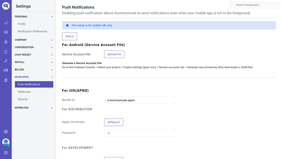Screenshot of Kommunicate's push notification settings for Android and iOS, including instructions for setup.