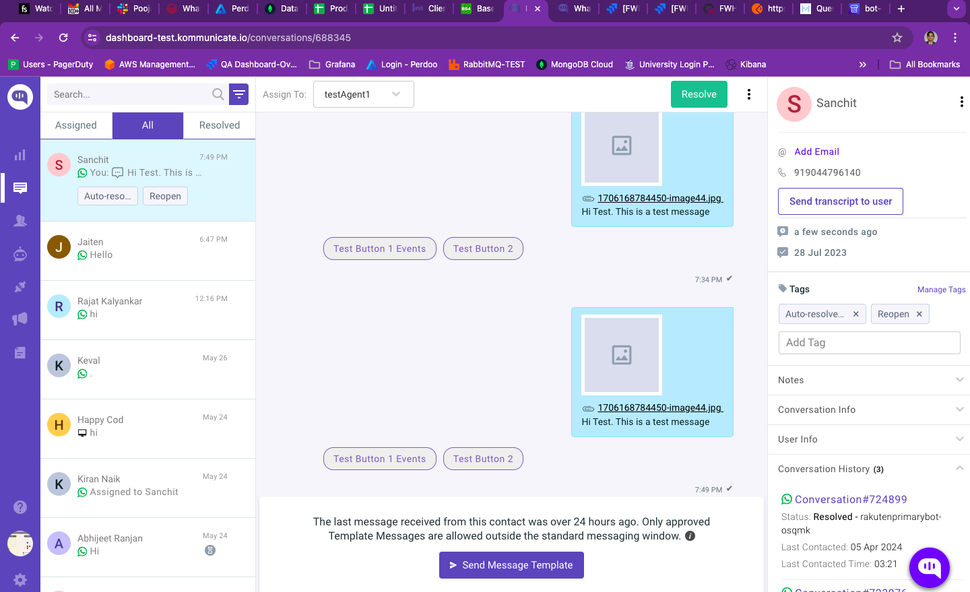 Screenshot of the Kommunicate dashboard showing a conversation with message history, user information, tags, and options to resolve or reopen the conversation.