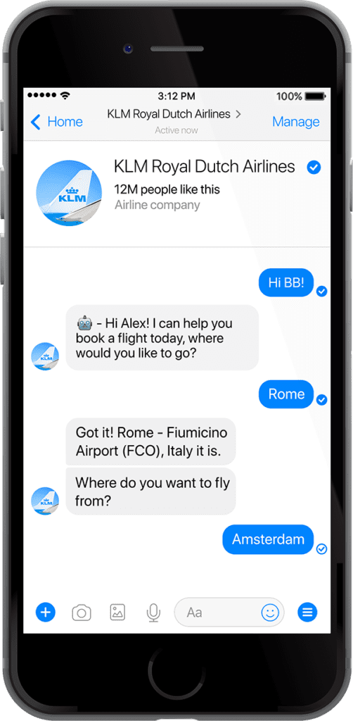 AI chatbot in mobile app assisting with KLM Royal Dutch Airlines flight booking