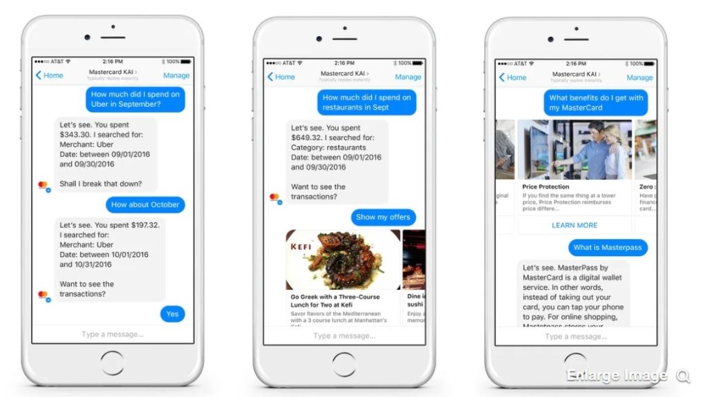 Mastercard AI chatbot assisting users with transaction details and benefits on mobile interface.