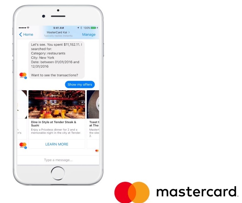 AI chatbot in mobile app assisting with Mastercard transactions and offers
