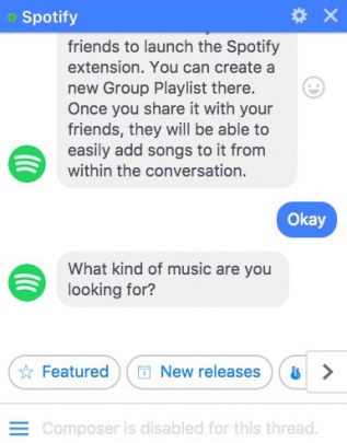 Spotify chatbot interface explaining how to create a new Group Playlist and asking what kind of music the user is looking for, with options for Featured and New Releases