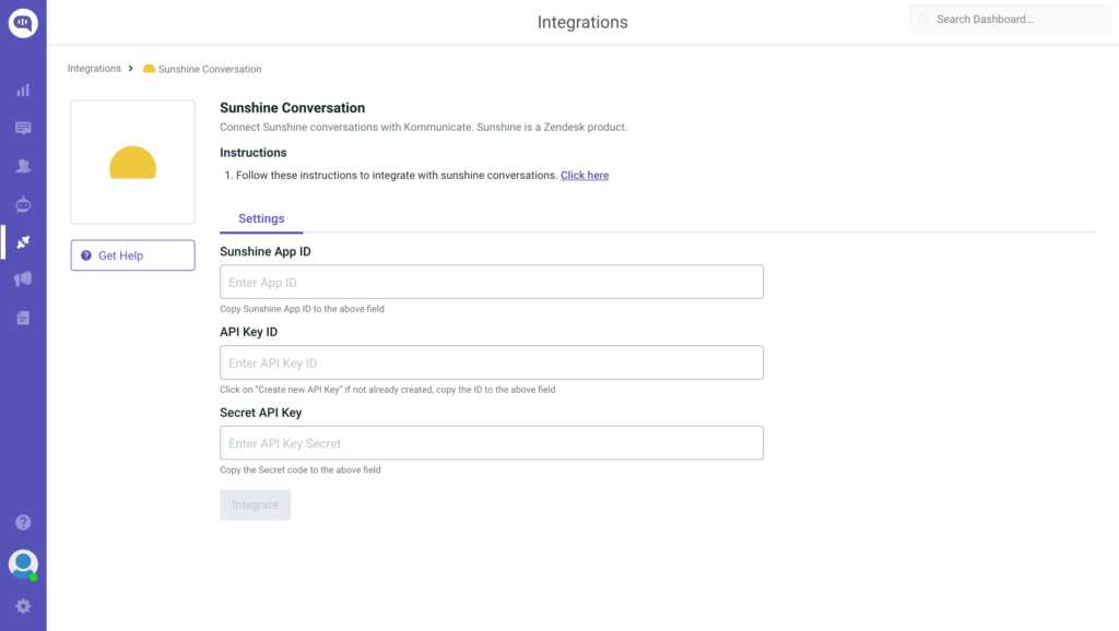 Screenshot of the Kommunicate interface for integrating with Sunshine Conversations, showing input fields for App ID and API keys.