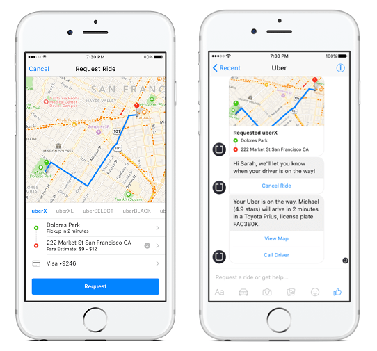 AI chatbot in mobile app: Uber's AI-powered chatbot interface on a mobile app, demonstrating real-time ride request and driver communication