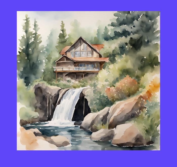 A watercolor painting of a rustic cabin nestled amidst a lush green forest. A cascading waterfall flows down a rocky cliff in the foreground, with a small pond at the base. The cabin has a large deck overlooking the waterfall. A watercolor painting of a rustic cabin nestled amidst a lush green forest. A cascading waterfall flows down a rocky cliff in the foreground, with a small pond at the base. The cabin has a large deck overlooking the waterfall.