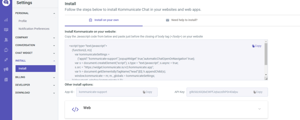 Installing Kommunicate