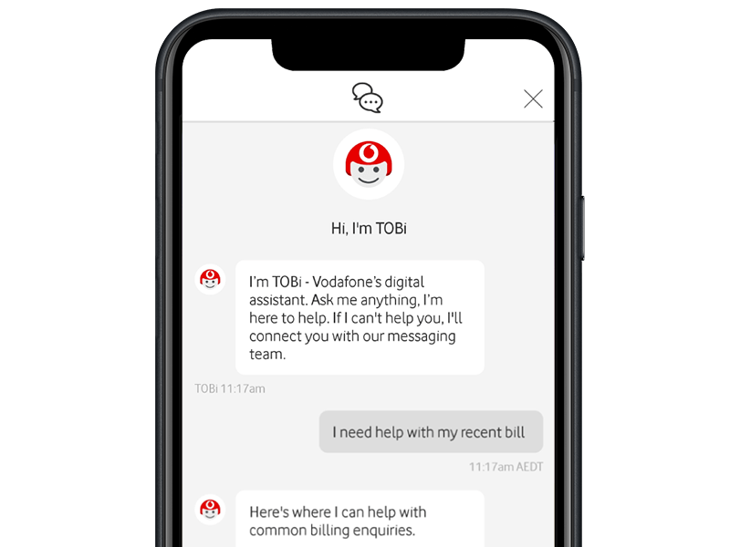 Chatbot TOBi helping users with routing numbers, bills, payments, transfers, past transactions, and more on a mobile device
