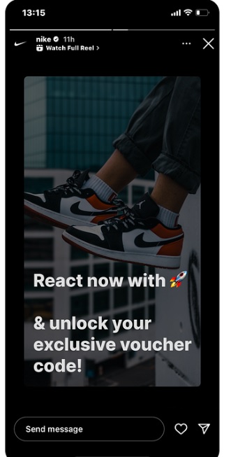Nike engaging followers with an Instagram Story, offering an exclusive voucher code for immediate reactions