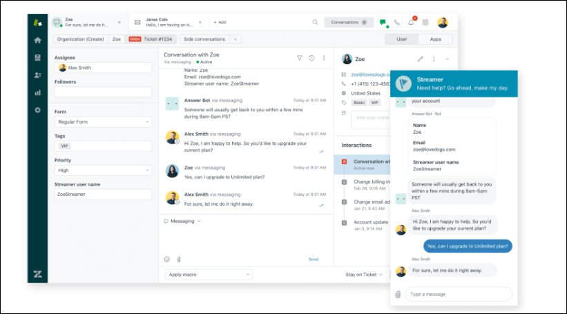 Zendesk chat A customer support chat on Zendesk showing a conversation between Alex Smith and Zoe about upgrading a plan.