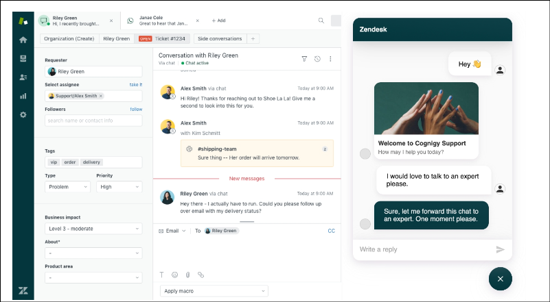 Zendesk support chat A customer support chat on Zendesk showing a conversation between Riley Green and Alex Smith about a delivery.