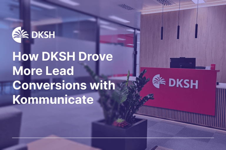 The image is a promotional banner for DKSH, highlighting a success story about increasing lead conversions using Kommunicate. The banner features a modern office reception area with the DKSH logo on a red front desk. The text on the image reads, "How DKSH Drove More Lead Conversions with Kommunicate." The background includes glass walls and indoor plants, creating a professional and welcoming atmosphere.
