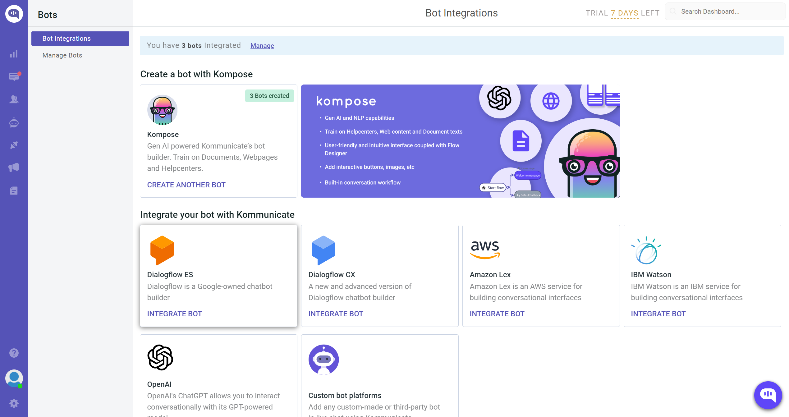 Bot integration with Dialogflow and other platforms Screenshot of Kommunicate's dashboard showing bot integrations with Dialogflow and different platforms.