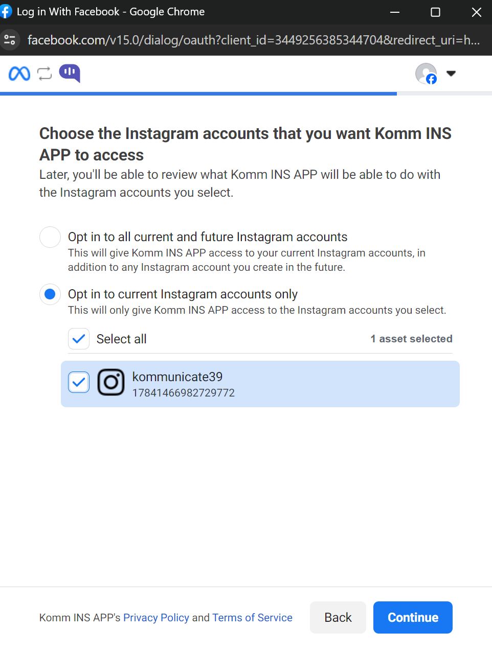 Confirm the Instagram account that you will use through the Facebook page Screenshot from Facebook to Confirm the Instagram account that you will use through the Facebook page