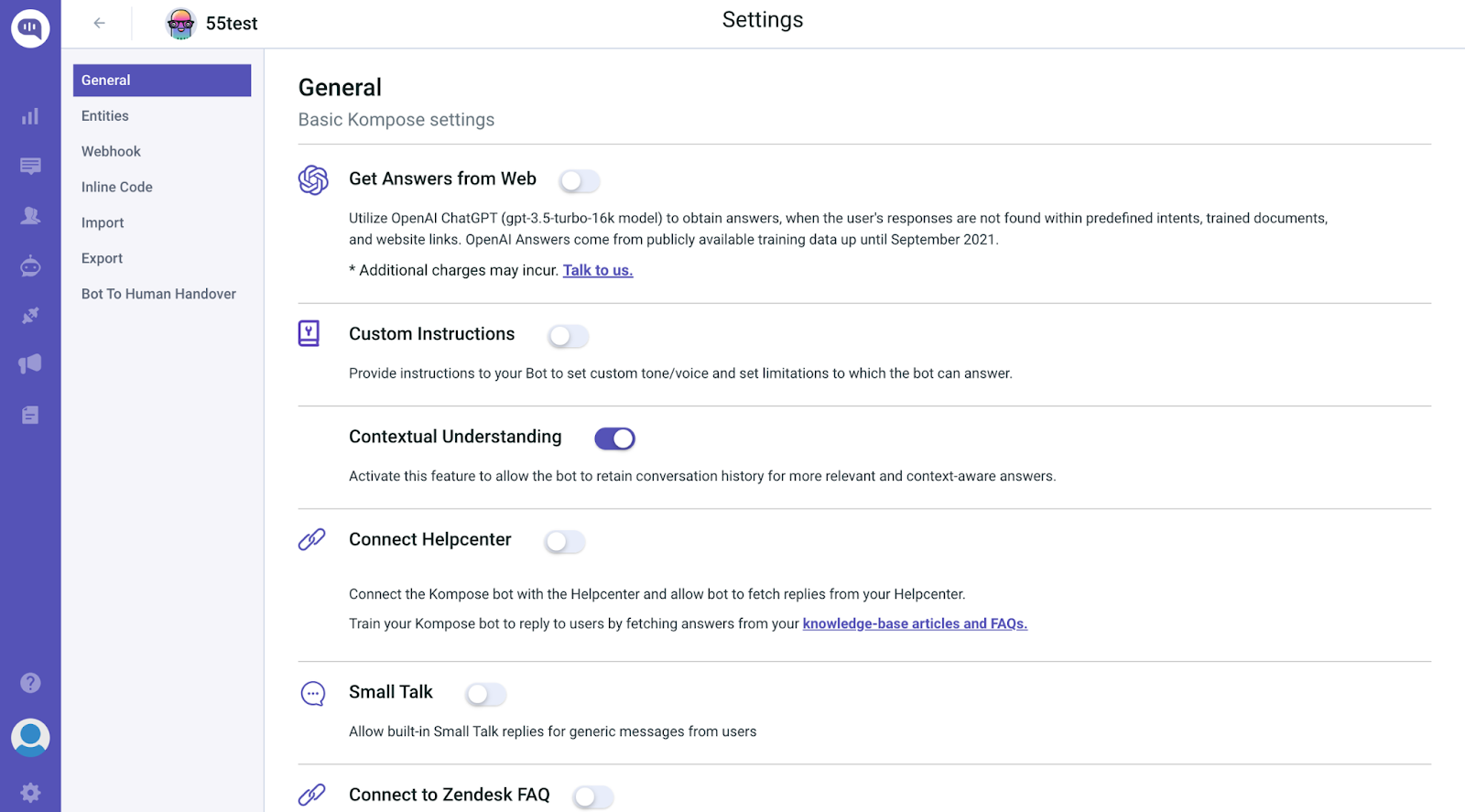 Contextual Understanding Screenshot showing Kommunicate's app settings where the users can the option of Contextual Understanding.