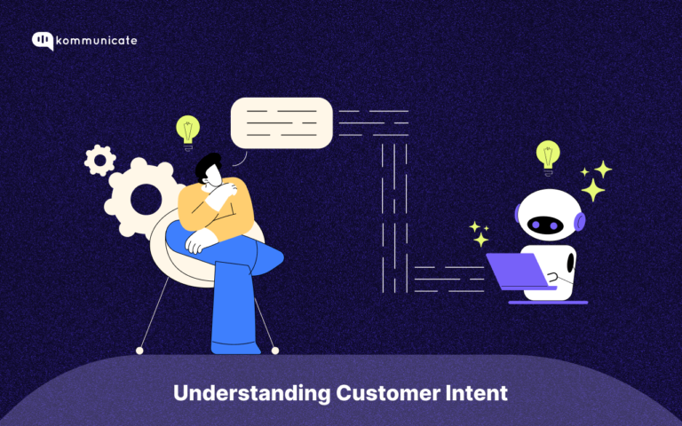 Illustration of a customer thinking with a chatbot analyzing and responding, representing the concept of understanding customer intent.