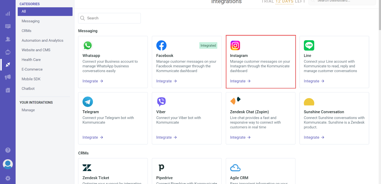 Click on the Instagram integration within the Integrations page Kommunicate's dashboard showing Instagram integration
