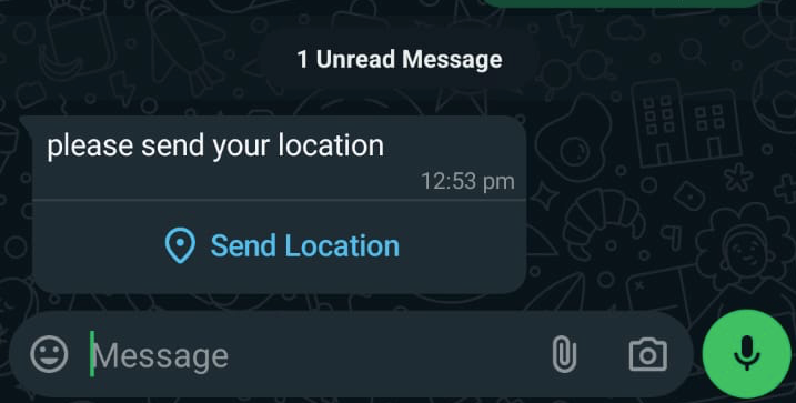 Screenshot of a Whatsapp message saying "please send your location"