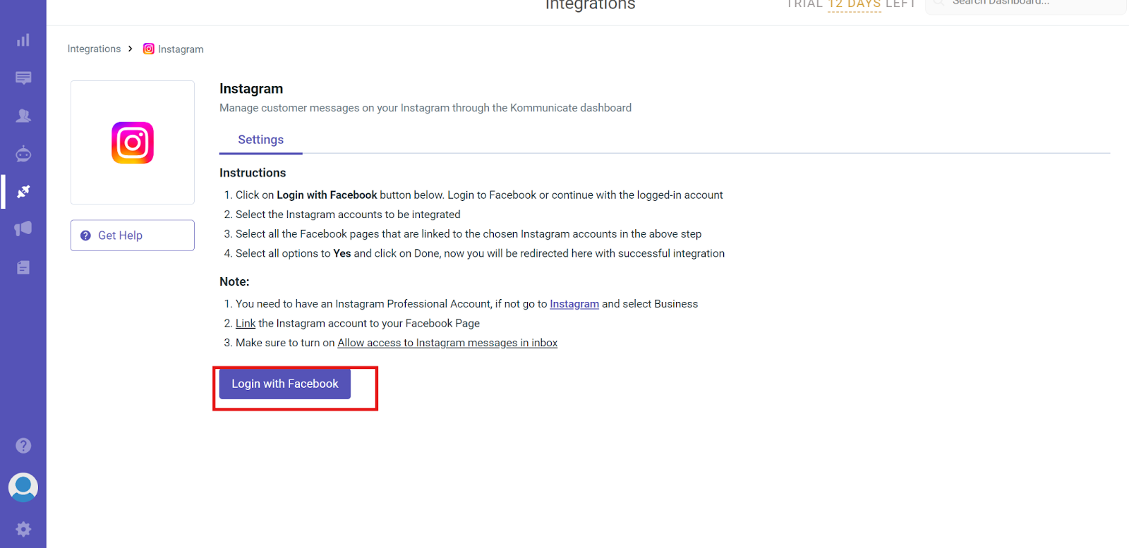Click on the Login with Facebook button Screenshot showing steps to integrate Instagram and Facebook
