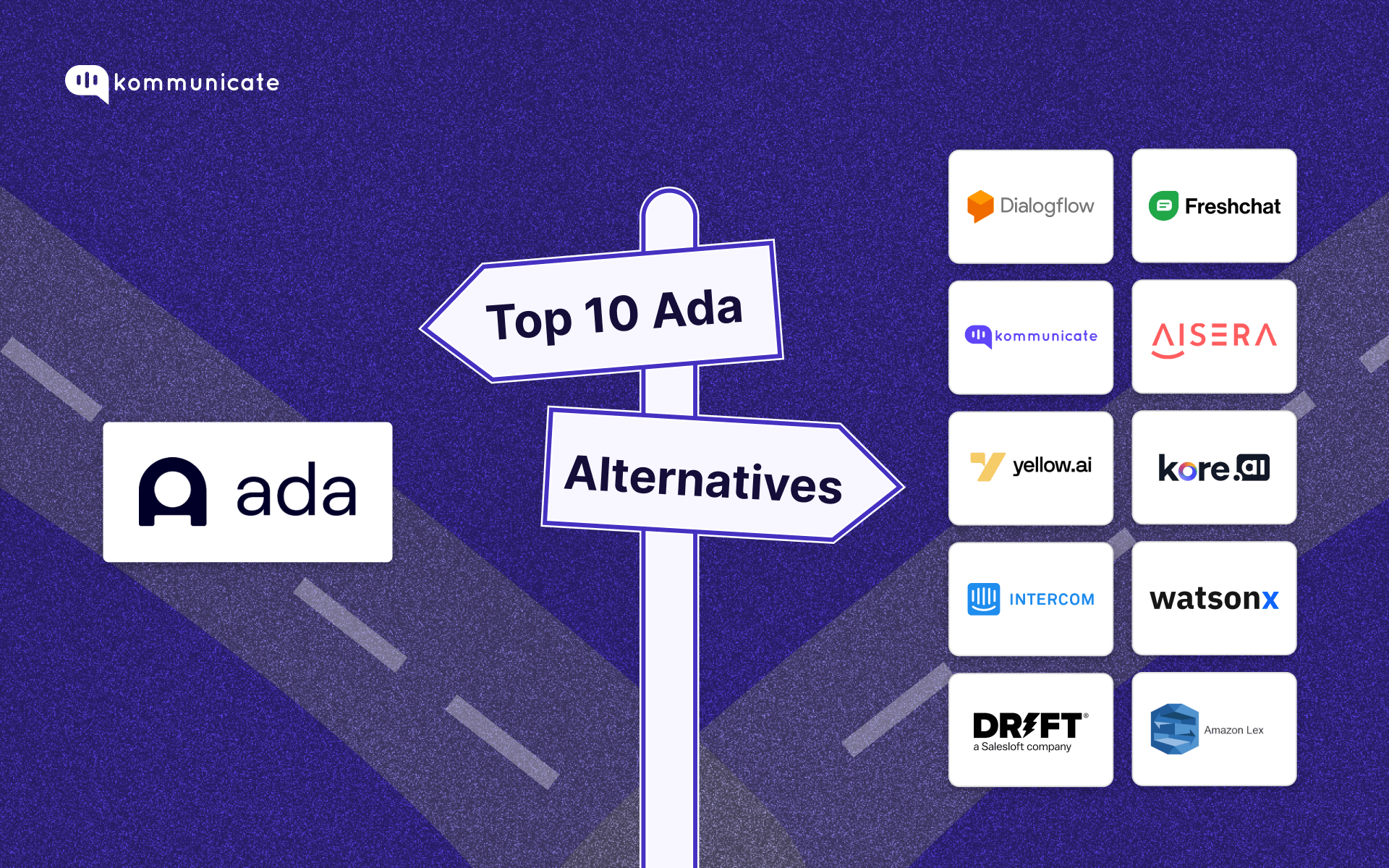 Top 10 Ada Alternatives in 2024 Illustration showing a road with two signposts. One signpost reads 'Top 10 Ada Alternatives' with logos of various companies listed on the right: Dialogflow, Freshchat, Kommunicate, Aisera, Yellow.ai, Kore.ai, Intercom, Watsonx, Drift, and Amazon Lex. The Kommunicate logo is in the top left corner and the Ada logo is on the bottom left.