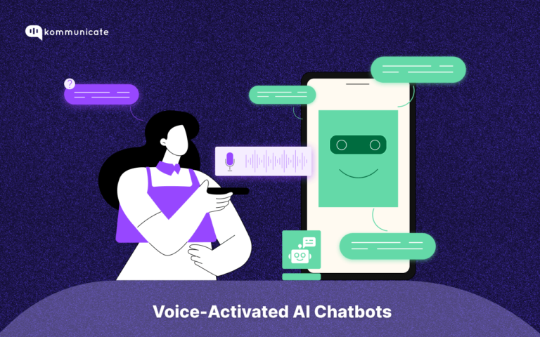 Cover Image of voice activated ai chatbots. A lady speaking to a phone, a robot on the other side.