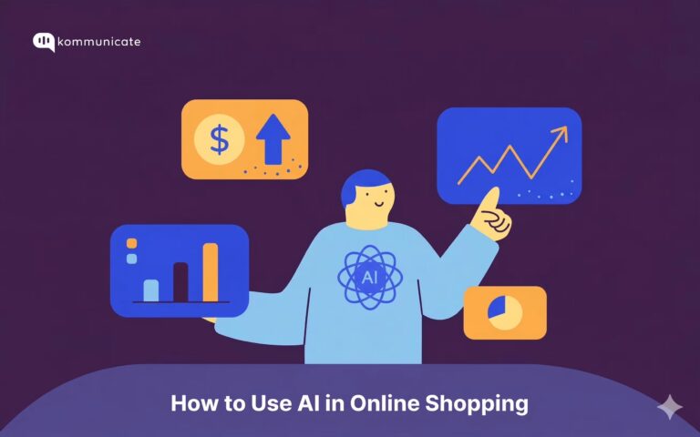 Illustration with the Kommunicate logo, a person surrounded by icons representing data and growth, and the text "How to Use AI in Online Shopping".