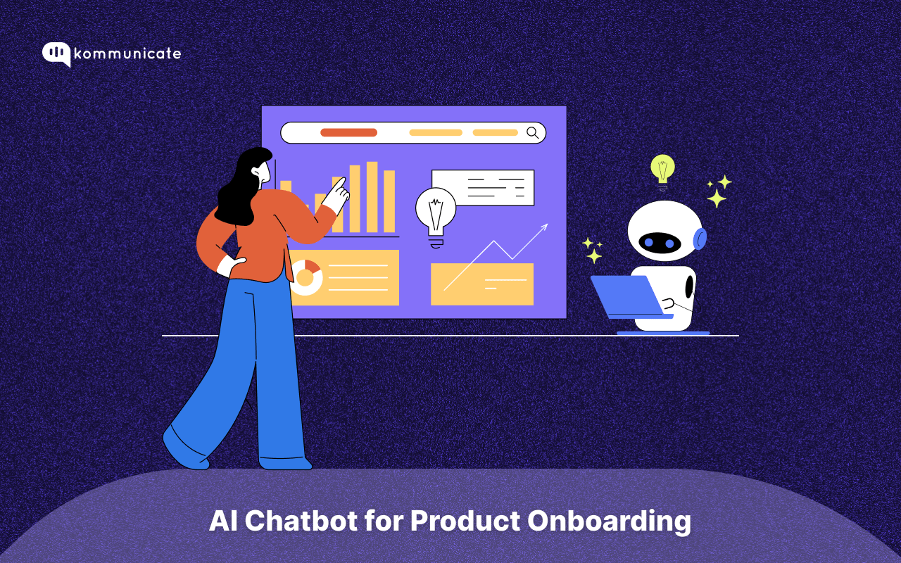 AI Chatbot for Product Onboarding Featured image for "How to Use AI Chatbots to Improve Product Onboarding and Training". A robot on the right and a lady trying to understand the product onboarding training.