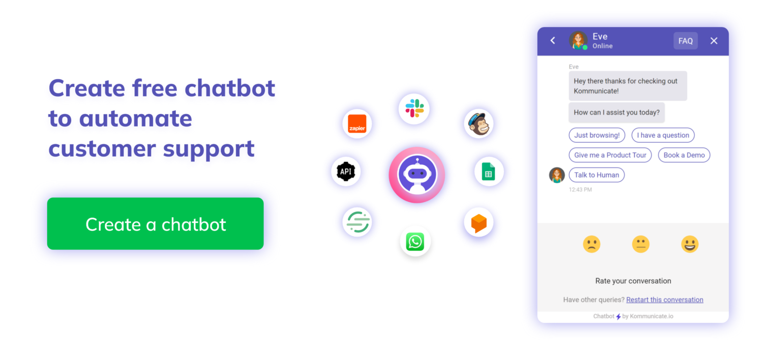 Create a chatbot Banner promoting a free chatbot to automate customer support. The banner includes a chatbot icon, various messaging channel logos (Slack, Facebook Messenger, WhatsApp, Telegram, Line, Skype, Google Chat), and a button to create a chatbot.