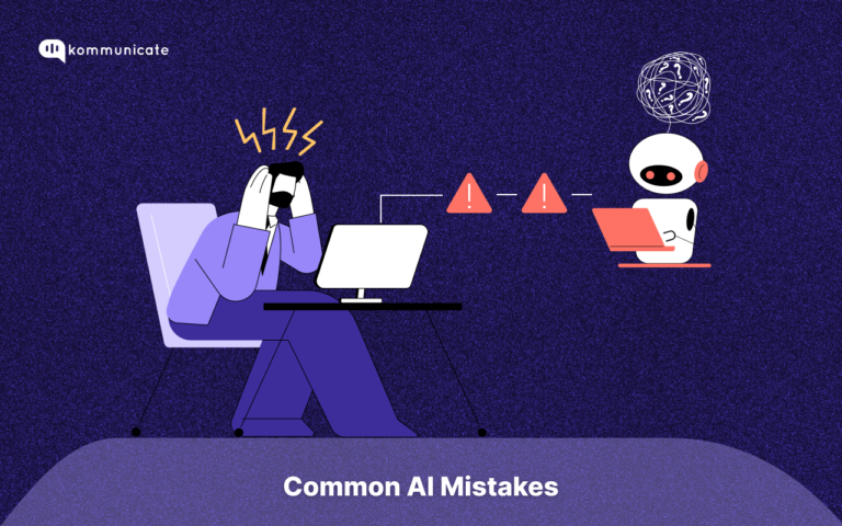 Illustration of a stressed man sitting at a desk with a computer, holding his head in frustration. Error signs are shown between his computer and a confused AI robot working on a laptop. Text at the bottom reads 'Common AI Mistakes,' with the Kommunicate logo in the top left corner.
