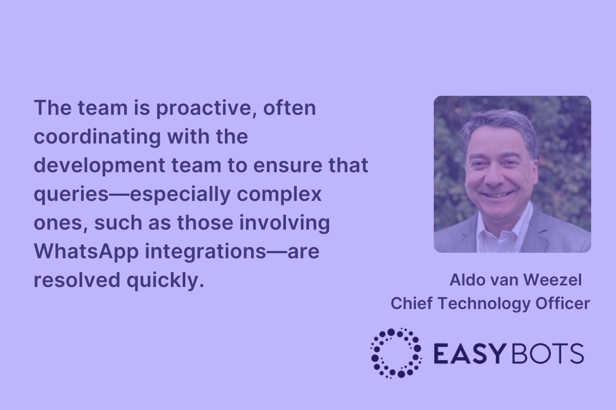Quote from Aldo van Weezel, Chief Technology Officer of Easybots, stating: 'The team is proactive, often coordinating with the development team to ensure that queries—especially complex ones, such as those involving WhatsApp integrations—are resolved quickly.' The image features Aldo van Weezel's portrait and the Easybots logo.