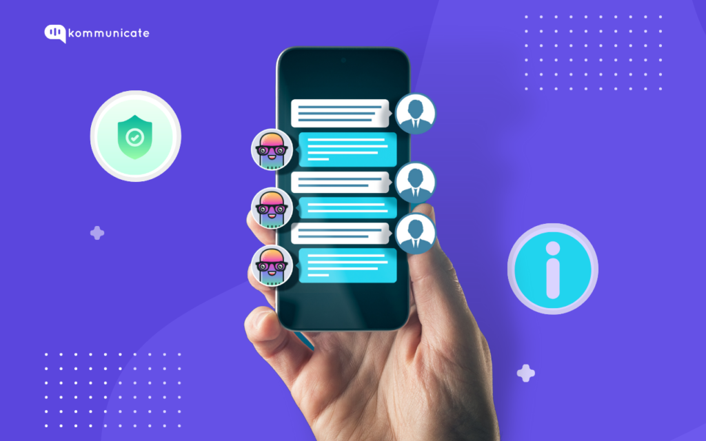 What-is-Insurance-Chatbots? (+ 5 Use-Case, Examples, Tools & Future) A hand holding a smartphone with a chat screen displaying multiple conversations with different users. A shield icon represents security, and an information icon is present. The overall image suggests secure and informative communication through a messaging app.