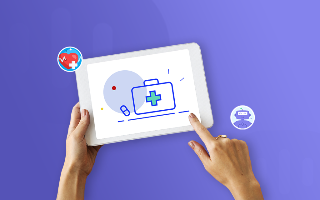 Medical-Chatbot : An-Ultimate-Guide on Medical-Chatbot A person's hands holding a tablet with a first aid kit icon displayed on the screen. Other medical-related icons, such as a heart and a pill, are also visible.