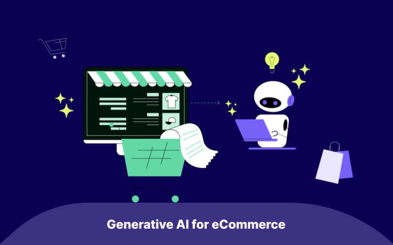 Illustration of a generative AI chatbot interacting with an e-commerce store interface, symbolizing AI-powered automation in online shopping. The image highlights 'Generative AI for eCommerce' in a purple color scheme.