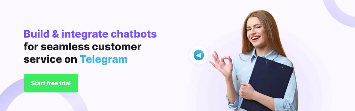 Start Free Trail with Kommunicate! A woman smiling and making an OK gesture, promoting the building and integration of chatbots for seamless customer service on Telegram. The text reads 'Build & integrate chatbots for seamless customer service on Telegram' with a 'Start free trial' button.