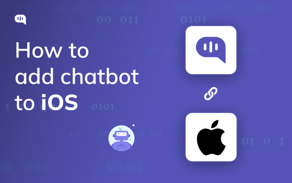 How To Add Chatbot To Ios A banner promoting a tutorial on how to add a chatbot to iOS. The banner includes a chat bubble icon, a link icon, an Apple logo, and a small robot illustration. The text "How to add chatbot to iOS" is prominently displayed in the center.