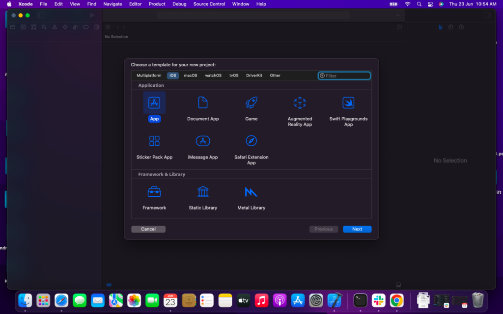 Screenshot of the Xcode project creation dialog. The user is choosing a template for their new project. Available templates include Application, Sticker Pack App, Message App, Safari Extension, Framework, Static Library, and Metal Library. The user has selected the "App" template. Screenshot of the Xcode project creation dialog. The user is choosing a template for their new project. Available templates include Application, Sticker Pack App, Message App, Safari Extension, Framework, Static Library, and Metal Library. The user has selected the "App" template.