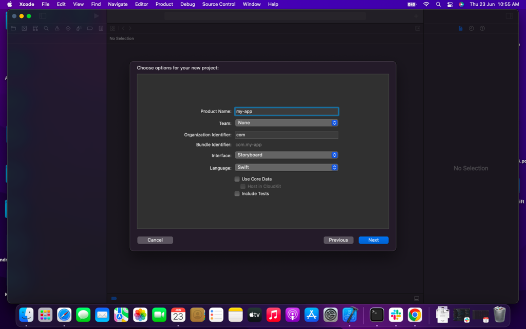 Screenshot of the Xcode project creation dialog. The user is entering details for their new project, including the product name, team, organization identifier, bundle identifier, interface, language, Core Data usage, and testing options. The user has selected "Swift" as the language and "Storyboard" as the interface. Screenshot of the Xcode project creation dialog. The user is entering details for their new project, including the product name, team, organization identifier, bundle identifier, interface, language, Core Data usage, and testing options. The user has selected "Swift" as the language and "Storyboard" as the interface.