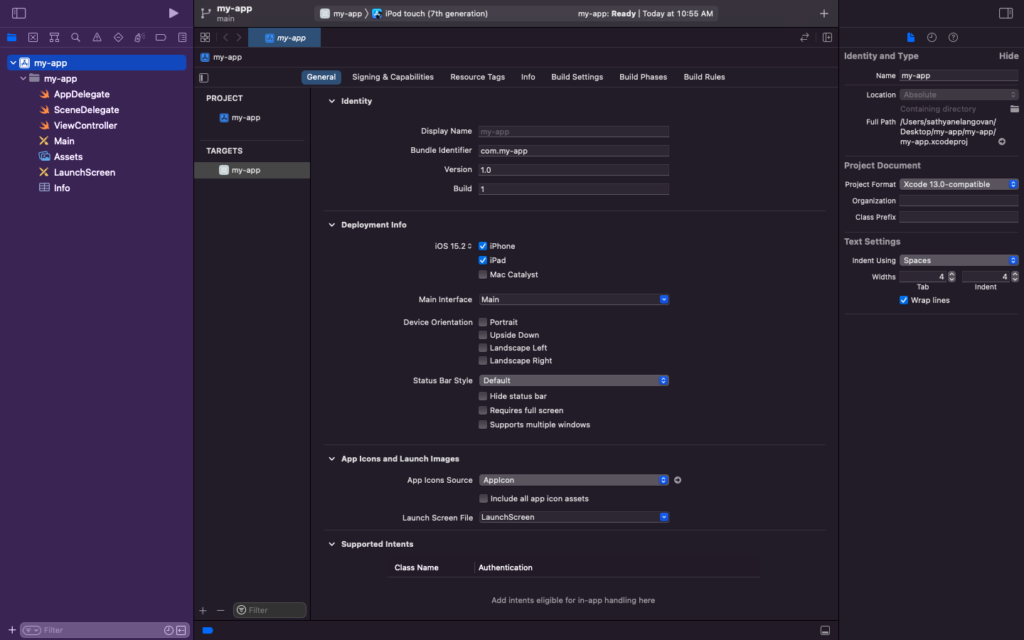 Screenshot of the Xcode project settings for an app named "my-app." The settings include general information like the product name, team, organization identifier, version, and build number. There are also sections for deployment info, signing & capabilities, resource tags, info, build settings, build phases, build rules, and targets. Specific settings within these sections include device orientation, status bar style, launch screen file, and supported intents. Screenshot of the Xcode project settings for an app named "my-app." The settings include general information like the product name, team, organization identifier, version, and build number. There are also sections for deployment info, signing & capabilities, resource tags, info, build settings, build phases, build rules, and targets. Specific settings within these sections include device orientation, status bar style, launch screen file, and supported intents.