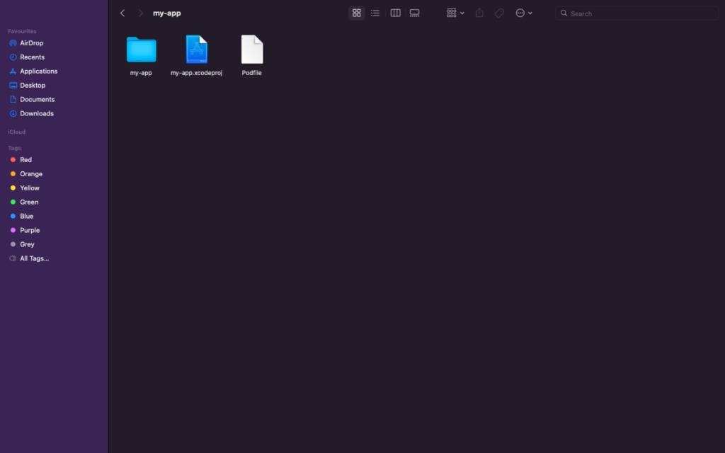 Screenshot of the Xcode project navigator showing the project folder "my-app" with subfolders and files named "my-app.app", "my-app.xcworkspace", and "Profile". There is also a sidebar with sections for Favorites, Recents, Applications, Desktop, Documents, Downloads, iCloud, and Tags. Screenshot of the Xcode project navigator showing the project folder "my-app" with subfolders and files named "my-app.app", "my-app.xcworkspace", and "Profile". There is also a sidebar with sections for Favorites, Recents, Applications, Desktop, Documents, Downloads, iCloud, and Tags.
